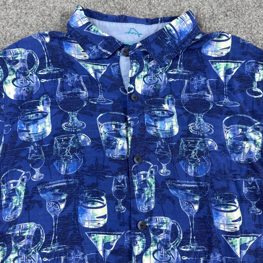 Tommy Bahama Button Down Shirt Mens XL Blue Cocktail Drink Print Short Sleeve